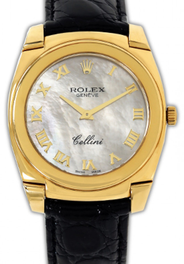 Rolex 5330 Yellow Gold on Strap White Mother Of Pearl with Gold Roman
